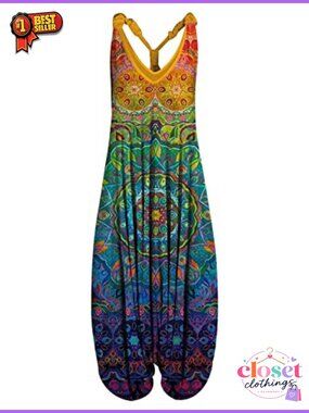 Boho Floral Harem Jumpsuit Sleeveless Backless Tie Dye Romper